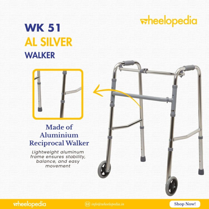WK 51 AL-Silver Aluminium Height Adjustable Walker with Wheel