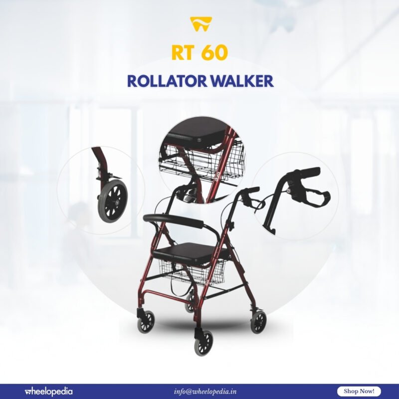 RT 60 Aluminium Height Adjusted Storage Space Four Wheel Rollator