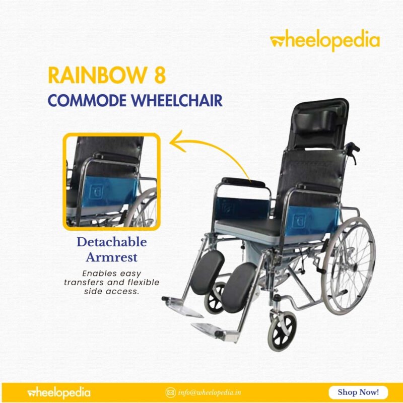 Rainbow 8 Steel Chrome Recline Detachable Commode Wheelchair