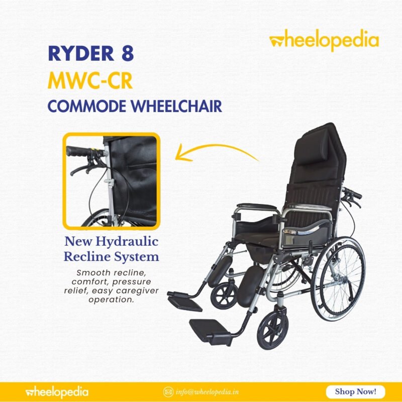 Ryder 8 Steel Hydraulic Recline Foldable Commode Wheelchair