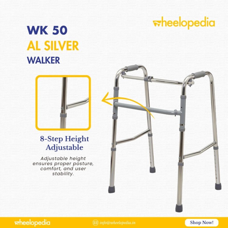 WK 50 AL-Silver Aluminium Height‑Adjustable Walker for Elder Use