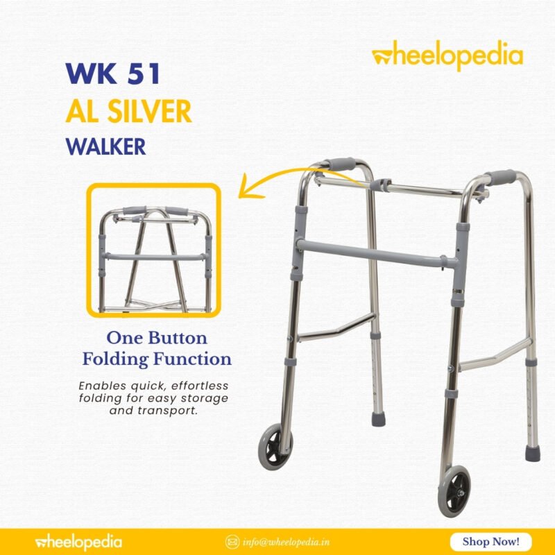 WK 51 AL-Silver Aluminium Height Adjustable Walker with Wheel