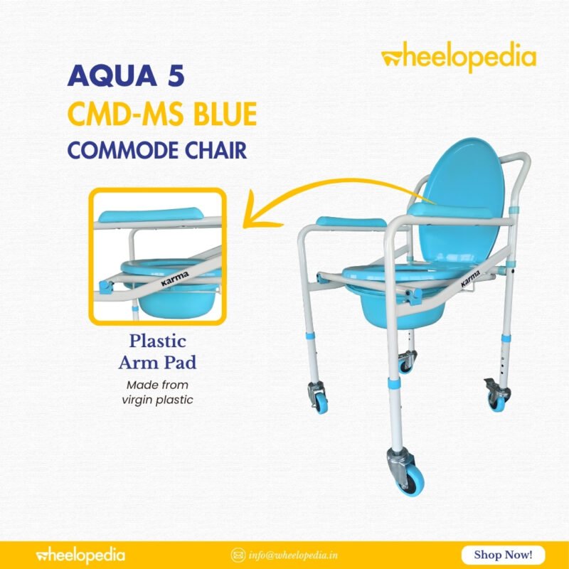 Auqa 5 Steel Foldable Injection Moulded With Wheel Commode Chair